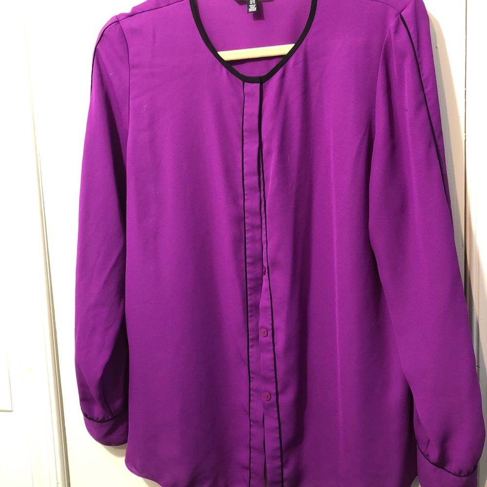 Ellen Tracy Purple Long Sleeve Blouse with Black Trim